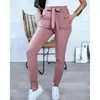 Fabric England Style Women Summer Solid Color Pencil Pants Bandage Design Pockets Decor High Waist Slim Hips Trousers for Streetwear