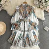 High end light luxury elegant lantern long sleeved standing neck waistband slim single breasted A-line positioning printed dress