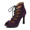 Botas Dkzsyim Purple/Black Latin Dance Sapatos Mulheres Tango de Ballto/Salsa Botas de Dança Opentoe High Top Dance Sapatos altos 610cm