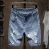 Heren Jeans Zomer Grijs Geperforeerde Denim Shorts Koreaanse Mode Slanke Elastische Fivepiece Mannelijke Merk Broek 11 stijlen 230706