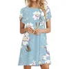 Casual Dresses Cute For Women Summer Boho Beach Swing Sundress Short Sleeve Floral Print Crew Neck Loose Dress Independence Day