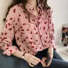 Damblusar Långärmade skjortor Vintage Lös Casual Blus 2023 Vår Kvinnor Chic Chrry Blommig tryckt Blusas
