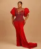 Abiti da ballo sexy lussuosi rossi Cristalli di perline di pizzo Sera Festa formale Secondo ricevimento Abiti da fidanzamento di compleanno Abito Plus Size Arabo Aso Ebi