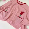 Women's Knits 2023 Spring Pink Knitted Top Embroidered Flower Design Sweater Cardigan