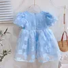 Girl Dresses 2023 Summer Arrival Girls Short Puff Sleeve O Neck Flowers Blue Roupa Infantil Menina Cute Party Dress Custume 4-7T