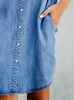 Casual Kleider Sommer Einreiher Denim Hemd Kleid Frauen Lose Tasche Einfache Retro Pendler Weibliche Büro Kurzen Rock