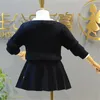 Autunno Inverno Abbigliamento per bambini Completi Cappotto per maglione con fiocco per ragazze + Gonna lavorata a maglia Abito da 2 pezzi Abbigliamento per bambini alla moda per ragazze