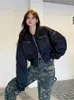 Kurtki damskie QWEEK koreański styl Bomber kobiety Streetwear Vintage zielony zapinany na zamek odzież wierzchnia kobieta Hip Hop Harajuku Retro czarny krótki Top