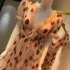 Klänningar kvinnor lång fest Strawberry Dress Summer Sequin Mesh Sweet Lolita High midja svartrosa tyll maxi klänning originalkvalitet