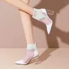 부츠 메쉬 샌들 여성 2024 하이힐이있는 여름 신발 패션 섹시한 모조 다이아몬드 술이 뾰족한 발가락 흰색 검은 여자 88663 s 51805 s