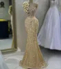 Aso Ebi Gold Sirène Robe Prom Pearls Crystals Soirée Fête formelle Deuxième réception Anniversaire Bridesmaid Engagement Robes Robe de Soiree ZJ690 407