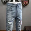 Patchs Détail Biker Fit Jeans Hommes Slim Moto Pour Hommes Vintage Distressed Denim Jean Pants199s