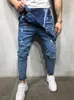 Jeansoveraller herr Rufsig rippad knapp Mode Män Casual Jumpsuit Bär Hål Denim för man