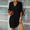 Casual Dresses Women Elegant V Neck Party Dress Summer Sexy Hollow Out Sleeved Loose Solid Office Ladies Mini Size S-Xxl