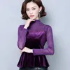 Damblusar Höst Vinter Pleuche Lila Mesh Patchwork Sexig Bottom T-shirt Dam Långärmad Slimmad Pullover T-shirts Kläder B285