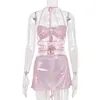 Club tenues pour femmes automne nouvelle mode licou dos nu à lacets évider brillant rose fête moulante Mini robe vêtements