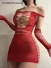 Casual Dresses WOMENGAGA Spicy Girl Sexy Elastic Mesh Dress Elegant Hollow Out Uniform Set Lace Transparent Sweet Tops Fashion EO8J