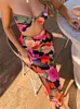 Lässige Kleider Tossy Sommer bedrucktes aushöhlen Maxikleid Schlankes trägerloses elegantes Partykleid Blumenärmellos High Street Weiblich