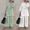 Conjunto de roupas étnicas femininas muçulmanas verão 2 peças manga comprida túnica com cinto tops perna larga calças soltas cor sólida dubai kaftan hijab
