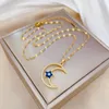 Pendentif Colliers De Luxe Femme Émail Étoile Collier Or Couleur Strass Pour Les Femmes Blanc Bleu Jaune Lune De Mariage