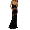 Robes décontractées femmes dentelle maille transparent longue robe moulante sans manches col en v fronde été dos nu fête Clubwear noir