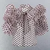 Blusar för damer Blusas Mujer fransk retro rosett snörning bubbla kortärmad organza blus ärm Polka Dot Shirt Chiffong Top Shirts