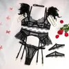 Set di reggiseni 4 pezzi Piuma Cuciture Set di lingerie sexy Biancheria intima sensuale Donna Pizzo sottile Transpanret Reggiseno con catena di metallo Reggiseno perizoma Mutandine