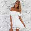 Fritidsklänningar Dam Sexig Off Shoulder Miniklänning Sommarmode Dam Slash Neck Vit Kortärmad Fest Strand Solklänning Robe Femme