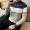 남자의 스웨터 가을 겨울 두꺼운 따뜻한 밍크 벨벳 터틀넥 넓은 줄무늬 남자 옷을위한 2023 슬림 한 캐주얼 니트웨어 풀 homme