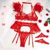 Set di reggiseni 4 pezzi Piuma Cuciture Set di lingerie sexy Biancheria intima sensuale Donna Pizzo sottile Transpanret Reggiseno con catena di metallo Reggiseno perizoma Mutandine