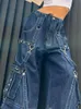 Cyber Y2k Punk Perna larga Baggy Moda Jeans Techwear Cintura alta Calça jeans feminina Strap Patchwork Calça streetwear