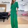 Women's Tracksuits Commute Lapel V-neck Solid Color Long Jumpsuit Fashion Women Half Sleeve Lace-up Slim Romper Lady Sexy High Waist Party