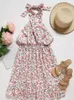 Casual Dresses Women Floral Shirred Halter Mini Skater Dress Criss Cross Backless Sleeveless A Line Open Back Ruffled Sun