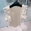 Kadın Sweaters Şık Ahşap Kulak Kenar Birleştirilmiş Kollu Katı Örme Çekme Femme U-boyunlu Tatlı Jumbers Yaz İnce Fit Elastik Sweater Kadınlar