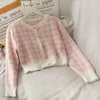 Women's Knits Sweet Plaid Three Piece Round Neck Single Breasted Long Sleeve Loose Sweater With Short Suspender Skirt