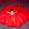 Lussuosi cristalli rossi Abiti da ragazza di fiori Abito da ballo con scollo a barchetta Abito da sposa per bambina Abiti da spettacolo per la comunione