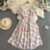 Summer French First Love Dress Gentle and Sweet Short Sleeve Square Neck Slim Mid length A-line Print Dress