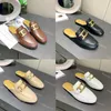 Designer Slippers Loafers Mules Slides Women Genuine Leather Sandals Buckle Metal Chain Comfortable Flats Chunky High Heels Summer