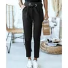 Fabric England Style Women Summer Solid Color Pencil Pants Bandage Design Pockets Decor High Waist Slim Hips Trousers for Streetwear