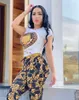 Womens Gold Print Two Piece Pants Tracksuits Casual Crew Neck T-shirt and Trousers Set Free Ship