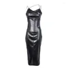 Casual Jurken 2023 Sexy Kunstleer Jurk Backless Club Party Effen Zwart Nat Latex Bodycon Push Up Bh Vestido