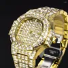 Wristwatches Top Full Diamond Square Big Dial Calendar Men's Quartz Watch 18K Gold Waterproof Hip Hop Watches Relogio