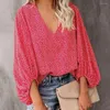 Women's Blouses Fashion V Neck Printed Long Balloon Sleeves Loose Blouse Tops For Office Retro Casual T-Shirt