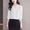 Blusas de mujer Camisa de mujer 2023 Blusa de primavera con cuello en V Camisas sexy Árbol comestible Satén Oficina Dama Casual Seda Mujer Tops