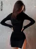 Urban Sexy Dresses Black Dress Long Sleeve Mini Dress Women Side Slit Drawstring Female Dress Autumn Winter Clothes Streetwear Bodycon Y2K Dress 230707