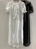 Basic Casual Jurken Zomer 2023 Dames Geborduurde Midi-jurk Zwart 100 Katoen Vintage Korte mouw Lace-up O-hals Vrouwelijk gewaad met knopen 230707