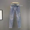 Damjeans 2023 Vår Höst Tungindustri Rhinestone Skinny Dam Resår hög midja Nipoängsbyxor Dam Jeans