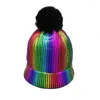 Bérets Winterproof Femmes Sequin Tricoté Polaire Bonnet Chapeau Avec Fausse Fourrure Pom-Pom Slouchy Tricot Chaud Brillant Bling Bonnets D'hiver Crâne Ca P