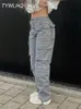 Calças Femininas Capris Vintage Cargo Jeans Baggy Moda Feminina Anos 90 Streetwear Bolsos Perna Larga Cintura Alta Reta Y2k Calça Jeans Macacões 230707