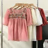 Blusas Femininas Camisas Bordadas com Flores Korejepo Camisa Coreana Solta Decote Quadrado Manga Curta 2023 Summer Age Redutor Bubble Top